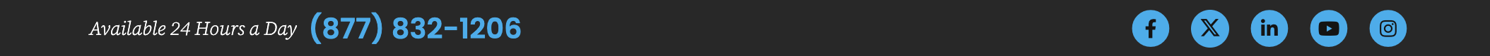 Reference: dark utility bar reading 'Available 24 Hours a Day' beside a toll-free number, with five social icons at the right